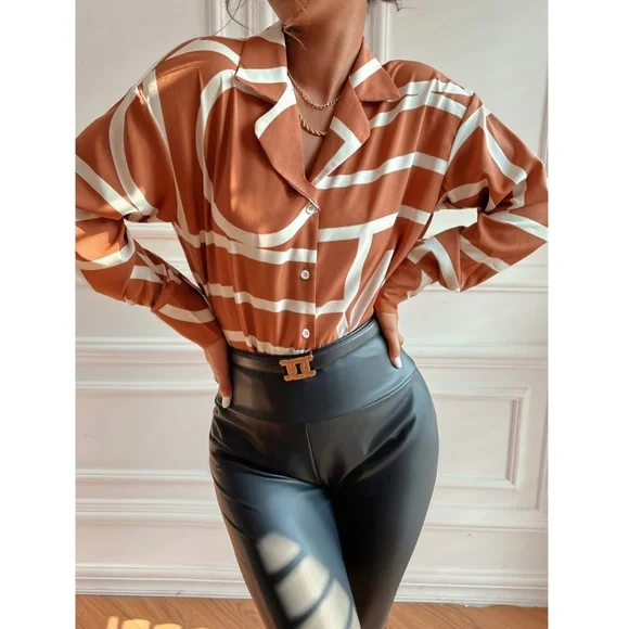 Geometric Print Blouse Buttoned Shirt Rust Color - Picture 3 of 7